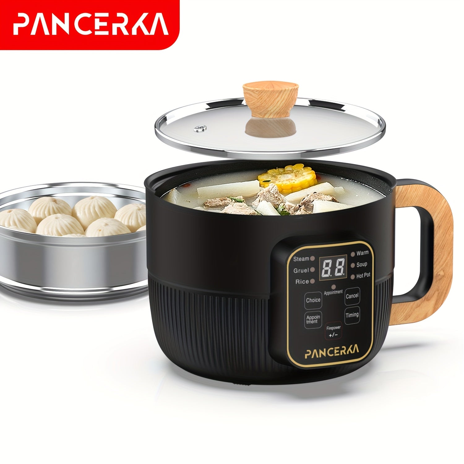 PANCERKA 1.0L Mini Electric Cooking Pot - Multifunctional Steamer & Cooker with Wood Grain Handle, Smart Button Control for Frying/Steaming/Boiling/Stewing, Compact Design for Home, Dorm, Travel - EU Plug (220-240V), Dorm Kit
