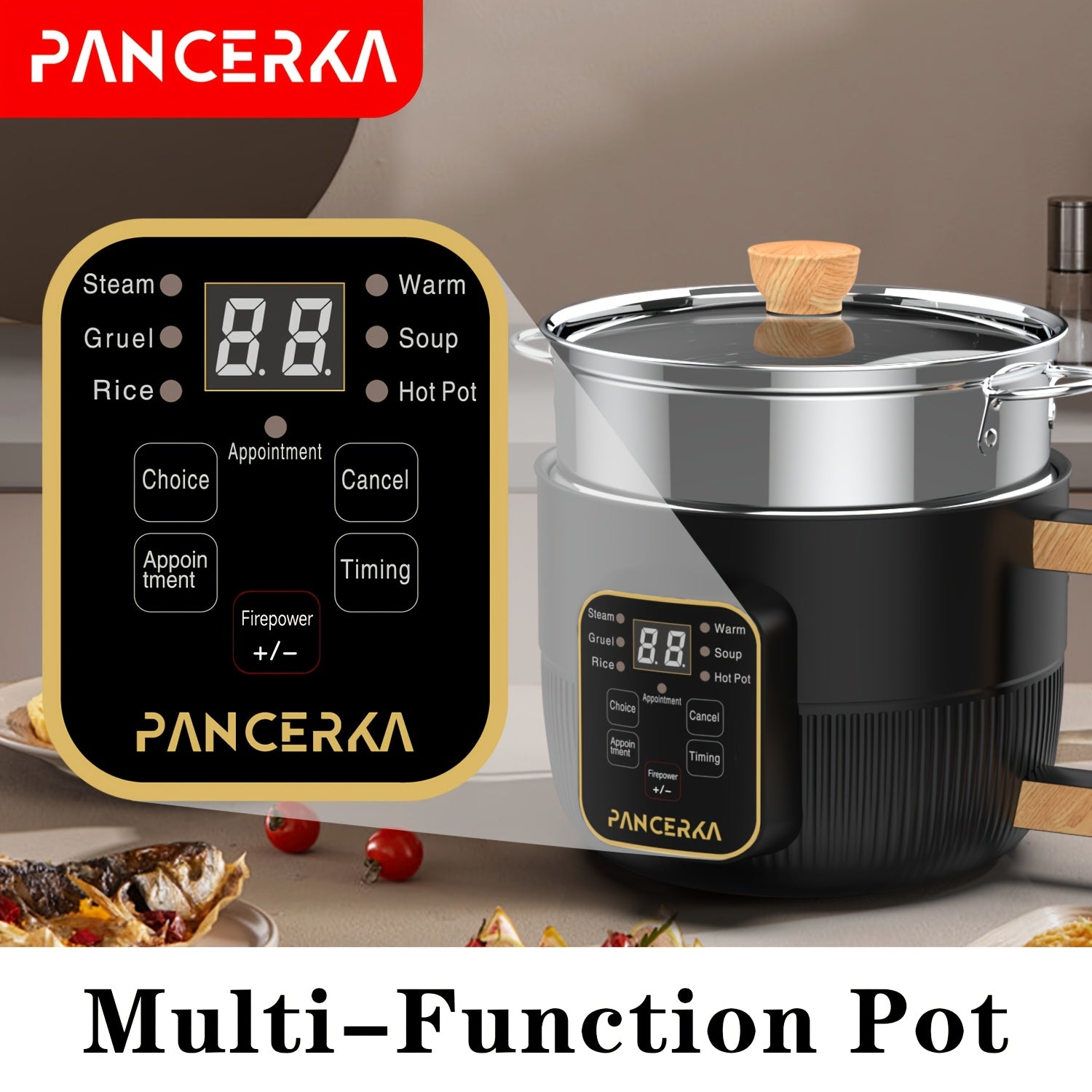 PANCERKA 1.0L Mini Electric Cooking Pot - Multifunctional Steamer & Cooker with Wood Grain Handle, Smart Button Control for Frying/Steaming/Boiling/Stewing, Compact Design for Home, Dorm, Travel - EU Plug (220-240V), Dorm Kit