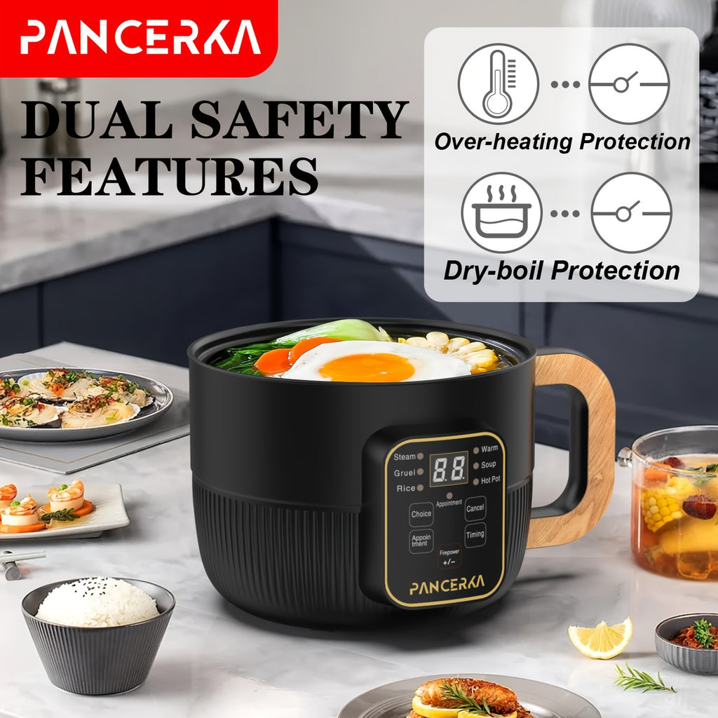 PANCERKA 1.0L Mini Electric Cooking Pot - Multifunctional Steamer & Cooker with Wood Grain Handle, Smart Button Control for Frying/Steaming/Boiling/Stewing, Compact Design for Home, Dorm, Travel - EU Plug (220-240V), Dorm Kit