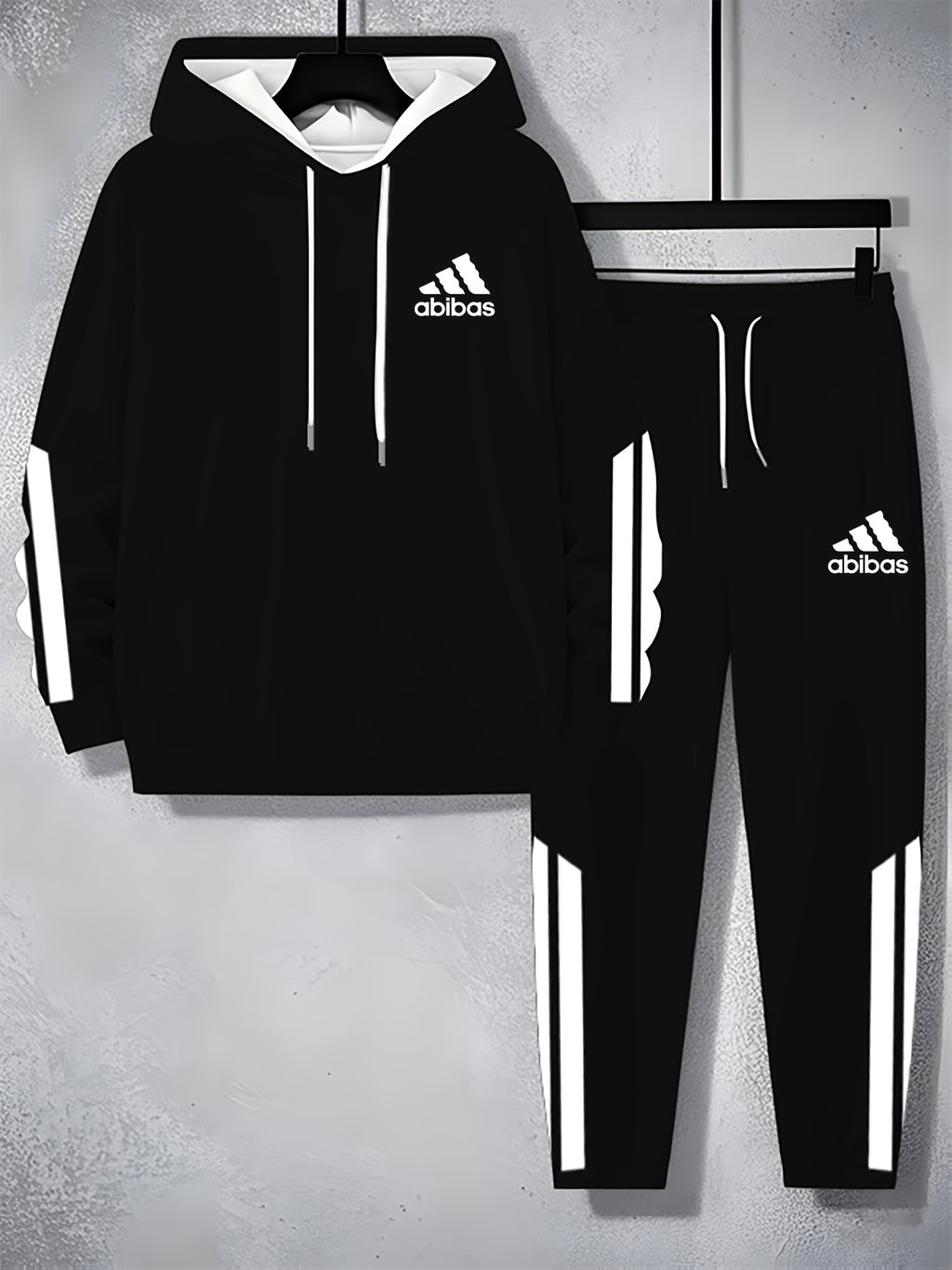 Men'S Casual Hooded Sweatshirt & Jogger Set - Black with White Stripes, Geometric Pattern, Regular Fit, Spring/Fall Essential, Comfortable Casual Attire, Casual Wear|Striped Pattern|Stretch Fabric, Sweater Hoodie, Sweater Pan