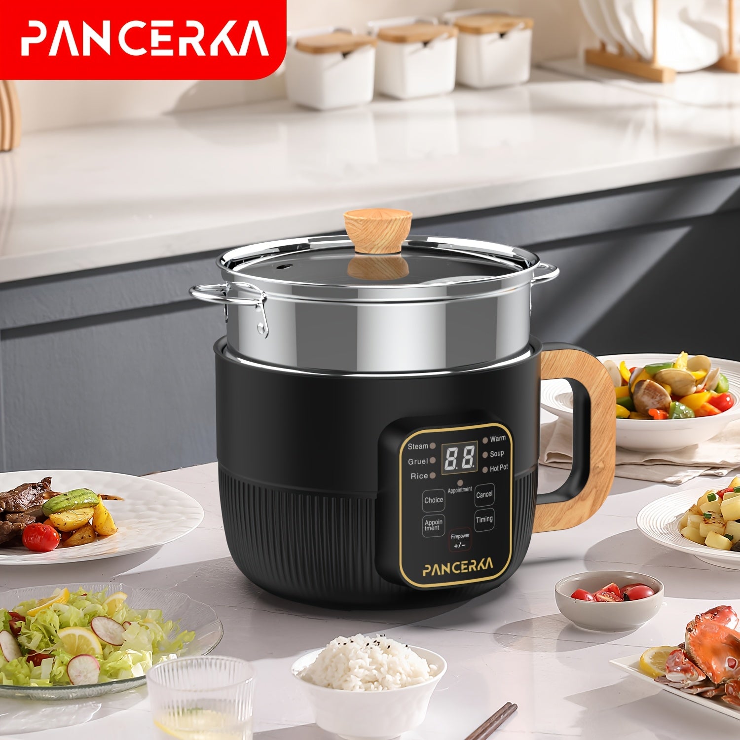 PANCERKA 1.0L Mini Electric Cooking Pot - Multifunctional Steamer & Cooker with Wood Grain Handle, Smart Button Control for Frying/Steaming/Boiling/Stewing, Compact Design for Home, Dorm, Travel - EU Plug (220-240V), Dorm Kit