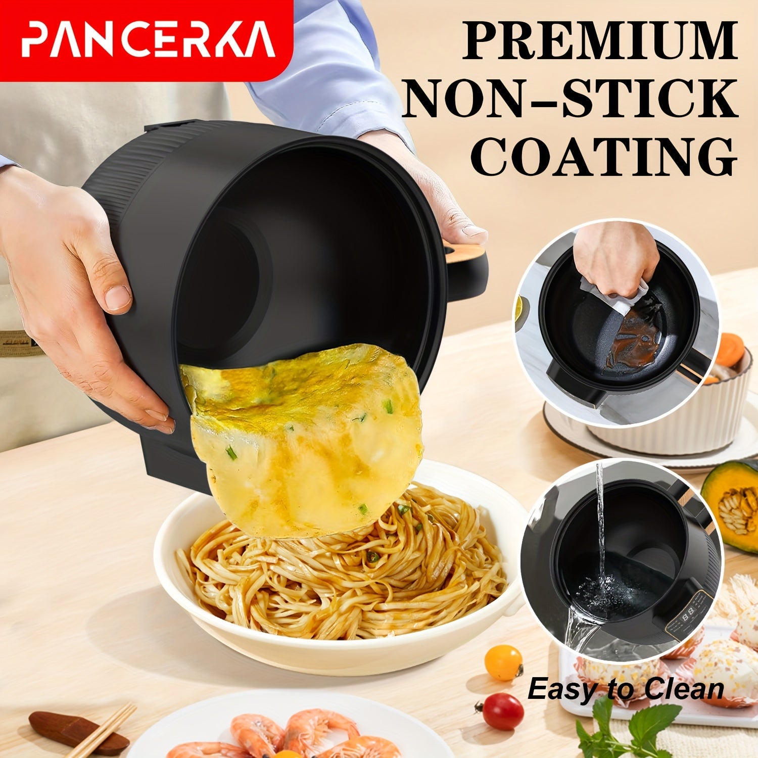 PANCERKA 1.0L Mini Electric Cooking Pot - Multifunctional Steamer & Cooker with Wood Grain Handle, Smart Button Control for Frying/Steaming/Boiling/Stewing, Compact Design for Home, Dorm, Travel - EU Plug (220-240V), Dorm Kit