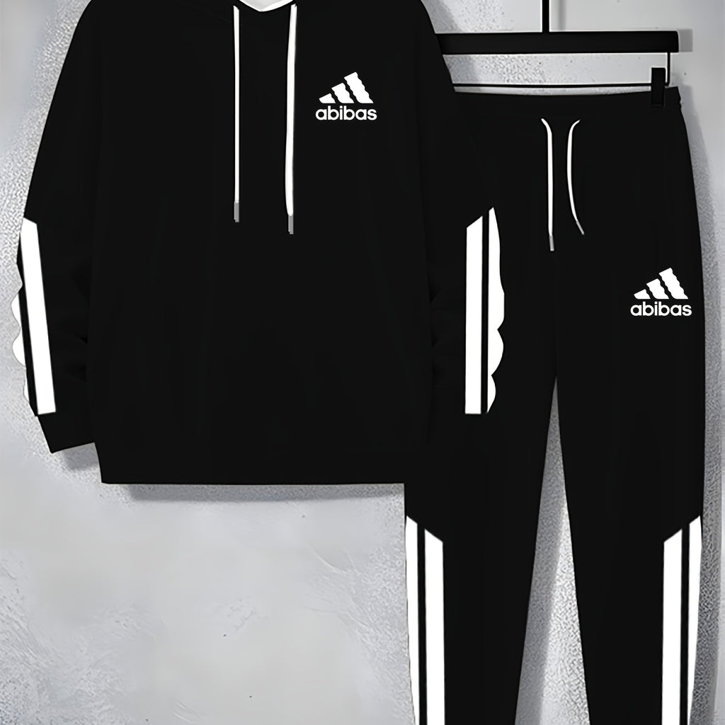 Men'S Casual Hooded Sweatshirt & Jogger Set - Black with White Stripes, Geometric Pattern, Regular Fit, Spring/Fall Essential, Comfortable Casual Attire, Casual Wear|Striped Pattern|Stretch Fabric, Sweater Hoodie, Sweater Pan