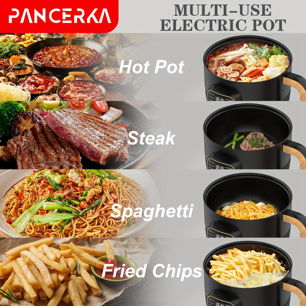 PANCERKA 1.0L Mini Electric Cooking Pot - Multifunctional Steamer & Cooker with Wood Grain Handle, Smart Button Control for Frying/Steaming/Boiling/Stewing, Compact Design for Home, Dorm, Travel - EU Plug (220-240V), Dorm Kit