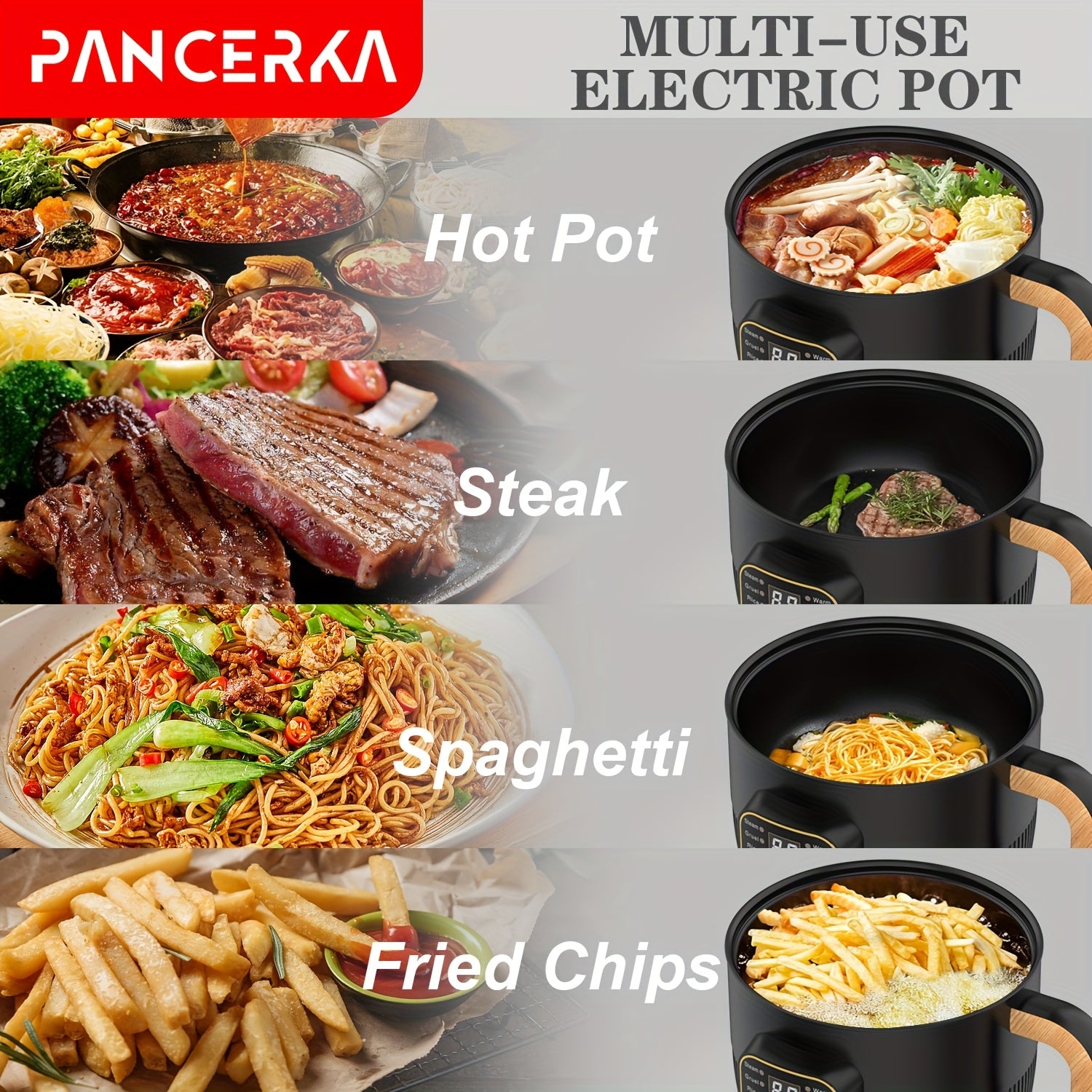 PANCERKA 1.0L Mini Electric Cooking Pot - Multifunctional Steamer & Cooker with Wood Grain Handle, Smart Button Control for Frying/Steaming/Boiling/Stewing, Compact Design for Home, Dorm, Travel - EU Plug (220-240V), Dorm Kit