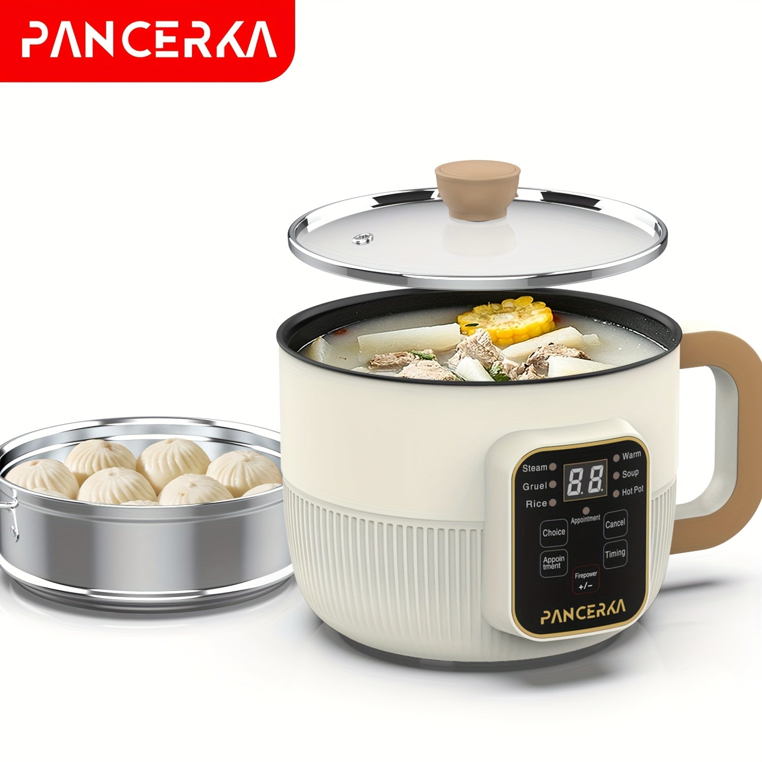 PANCERKA 1.0L Mini Electric Cooking Pot - Multifunctional Steamer & Cooker with Wood Grain Handle, Smart Button Control for Frying/Steaming/Boiling/Stewing, Compact Design for Home, Dorm, Travel - EU Plug (220-240V), Dorm Kit