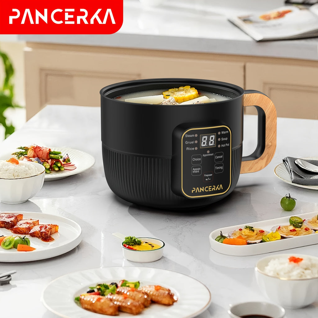 PANCERKA 1.0L Mini Electric Cooking Pot - Multifunctional Steamer & Cooker with Wood Grain Handle, Smart Button Control for Frying/Steaming/Boiling/Stewing, Compact Design for Home, Dorm, Travel - EU Plug (220-240V), Dorm Kit