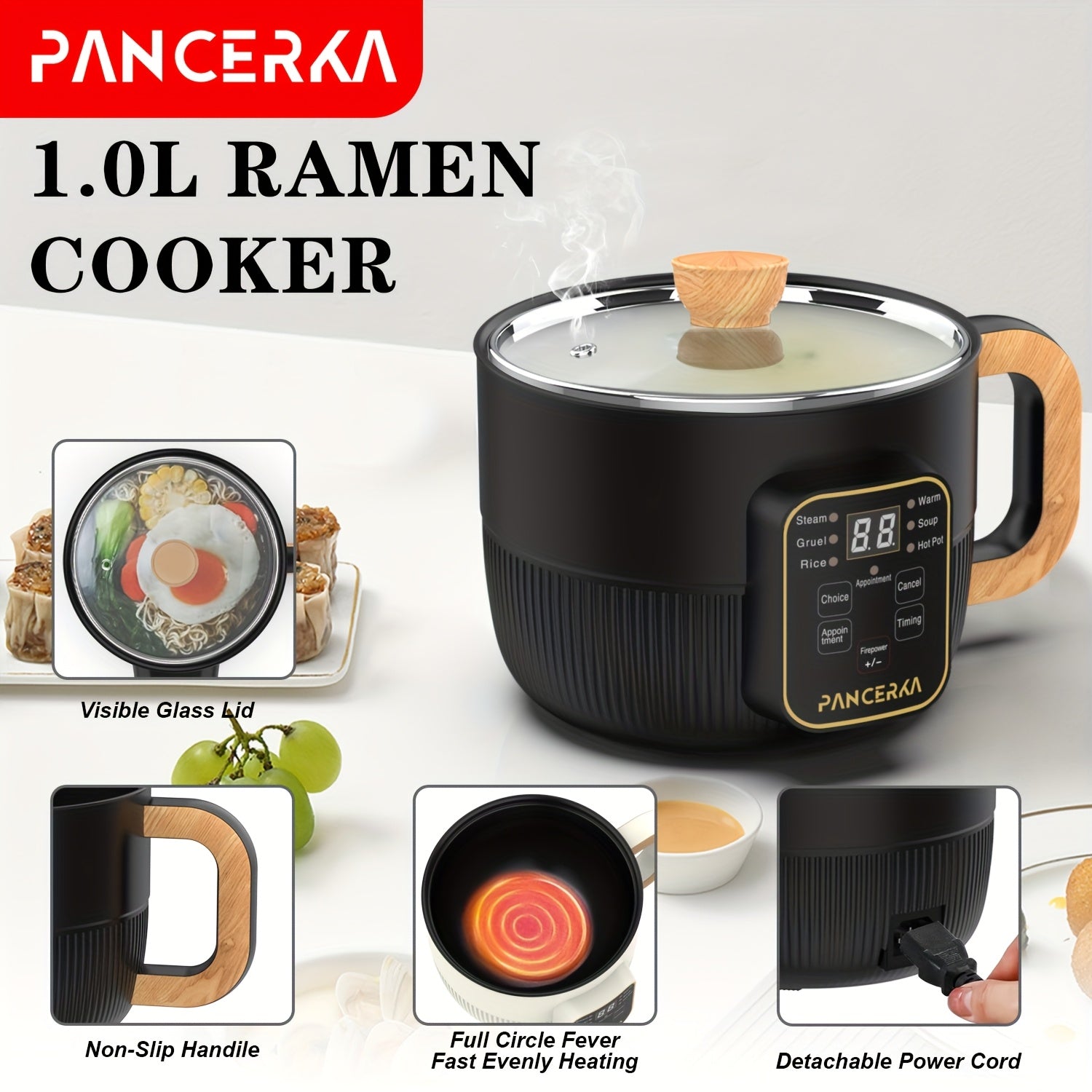 PANCERKA 1.0L Mini Electric Cooking Pot - Multifunctional Steamer & Cooker with Wood Grain Handle, Smart Button Control for Frying/Steaming/Boiling/Stewing, Compact Design for Home, Dorm, Travel - EU Plug (220-240V), Dorm Kit