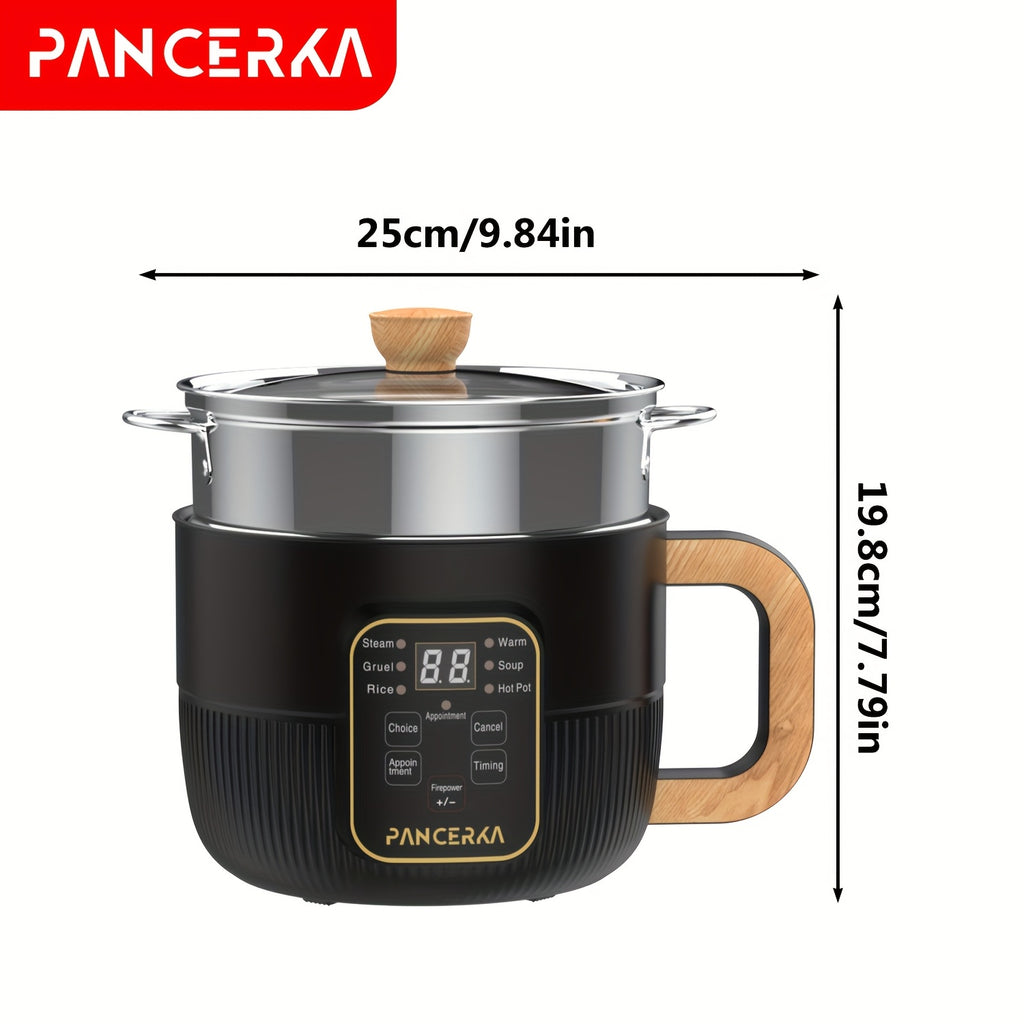 PANCERKA 1.0L Mini Electric Cooking Pot - Multifunctional Steamer & Cooker with Wood Grain Handle, Smart Button Control for Frying/Steaming/Boiling/Stewing, Compact Design for Home, Dorm, Travel - EU Plug (220-240V), Dorm Kit